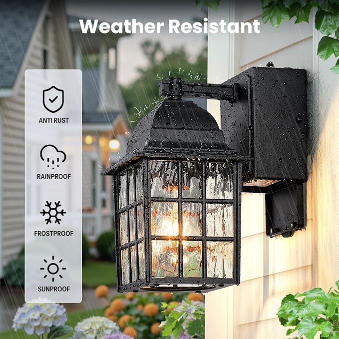 Gleamz Dusk to Dawn Outdoor Porch Light with GFCI Outlet, Modern Black Exterior Lighting Fixtures Wall Mount for House, Anti-Rust Outdoor Wall Sconce Lantern for Garage Coach with Water-Ripple Glass