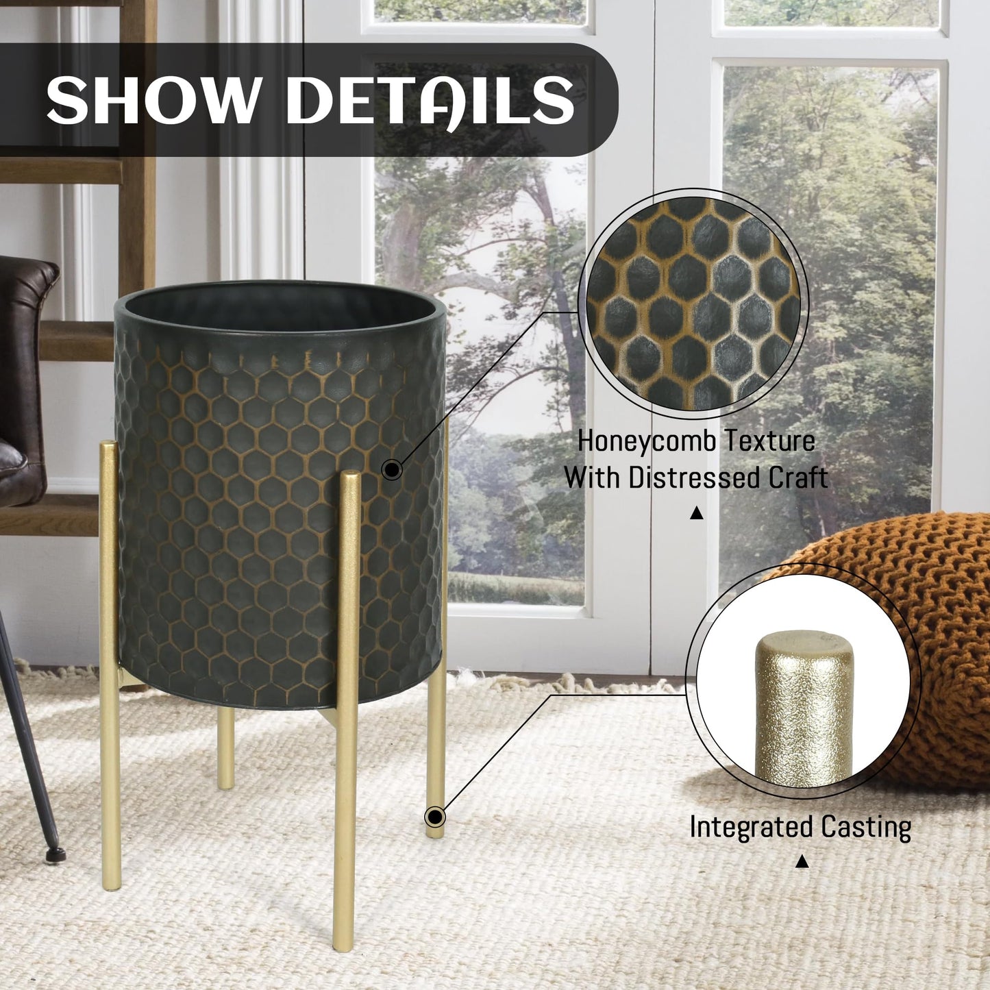 Oakrain Mid Century Planters for Indoor Plants, Set of 2, Modern Decorative Metal Pots for Living Room, Office, Garden or Balcony, Black&Golden Honeycomb, 10" &12"