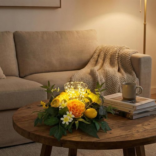 17 Inch Lemon Floral Centerpiece | Skiennix Glass Hurricane Candle Holder & Yellow Peony Wreath for Dining Table Decor