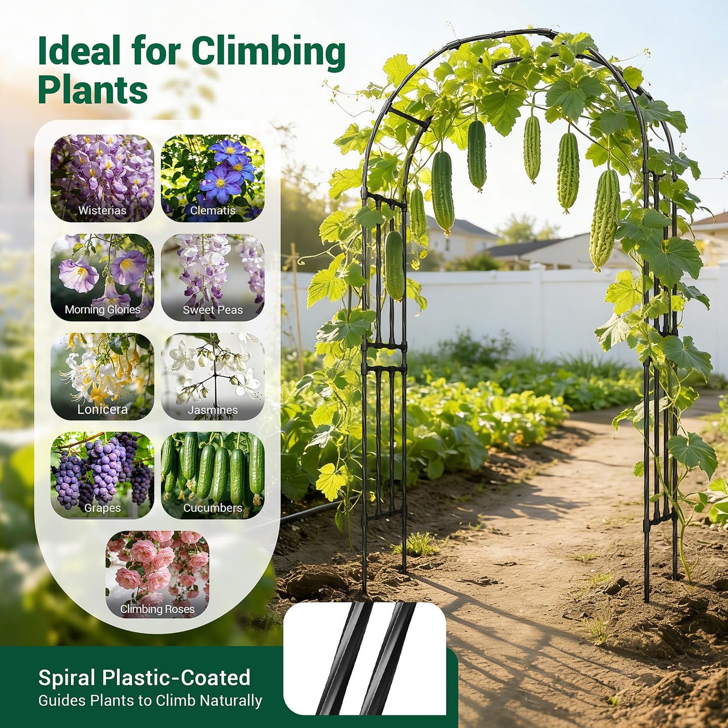 Miory Garden Arch Trellis for Climbing Plants, 1.3x7.9ft Steel with UV-Resistant PE Coating Arbor Outdoor, Vertical Support for Vines Flowers Vegetable, Wedding Archway (Black)