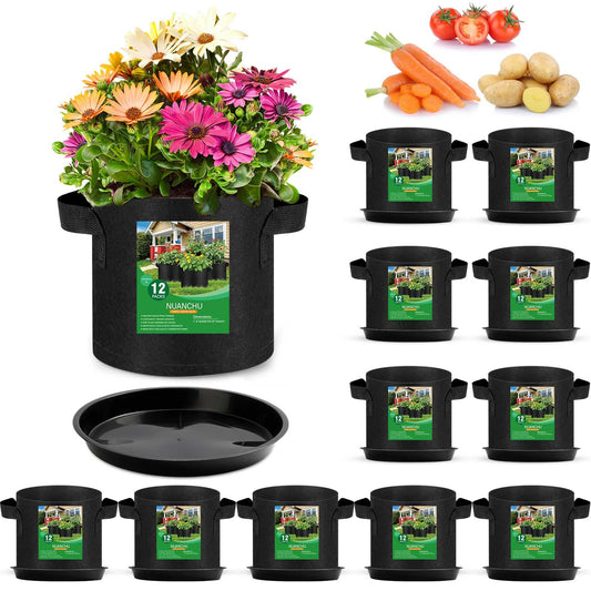 Funnymoom 12 Sets 2 Gallon Grow Bags with Plant Saucers, Durable Fabric Plant Pots with Handles, Aeration Drainage Planter Bags for Planter, Reusable Garden Bags Drip Trays Set for Indoor Outdoor