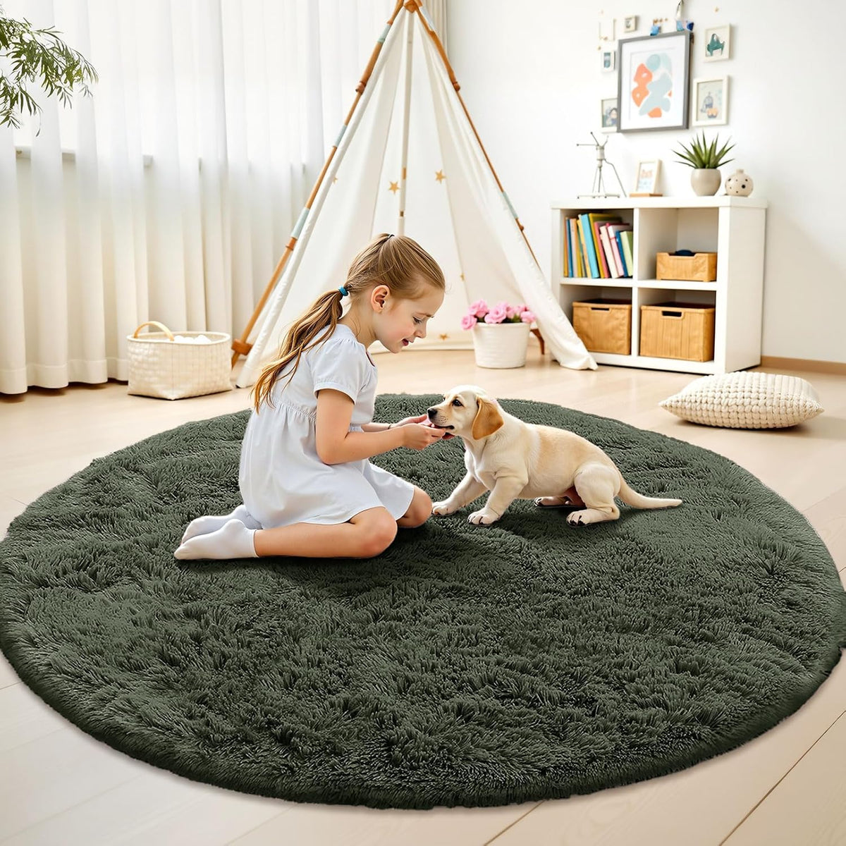 OLANLY Olive Green Round Rug - Soft, Fluffy Shaggy Carpet | 9 ft Machine Washable Area Rug for Bedroom, Living Room, Nursery Decor