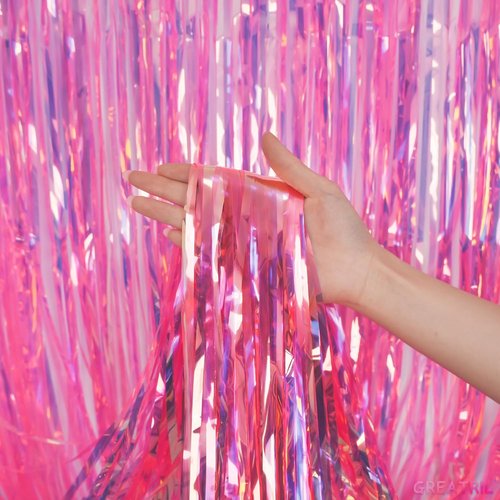 GREATRIL Iridescent Pink Tinsel Foil Fringe Curtain - 3.2 x 6.5 Ft | 2 Pack for Stunning Party Decor