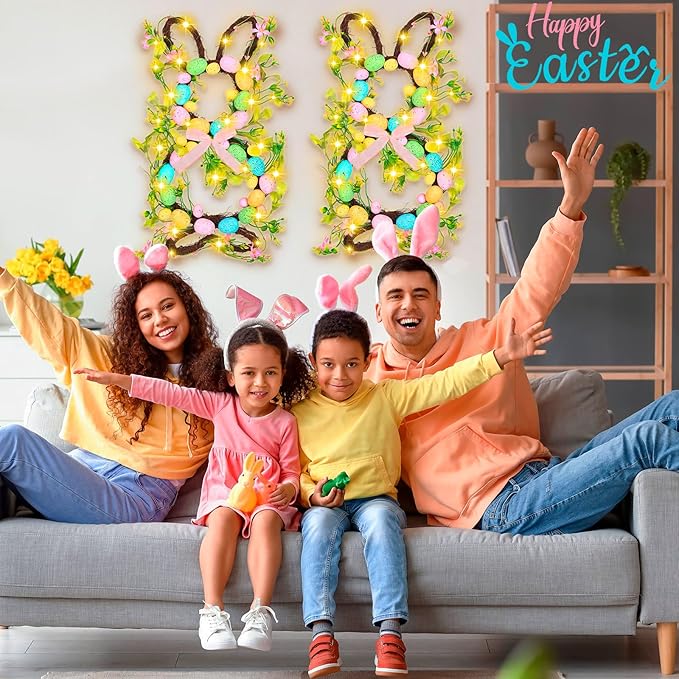 Hotop 2 Pcs Easter Bunny Spring Wreath with 20 LED Lights 23.6'' Easter Rabbit Door Wreath with Bow Eggs Hanging Bunny Wreaths for Front Door Easter Door Hanger for Spring Outdoor Wall Home Decoration