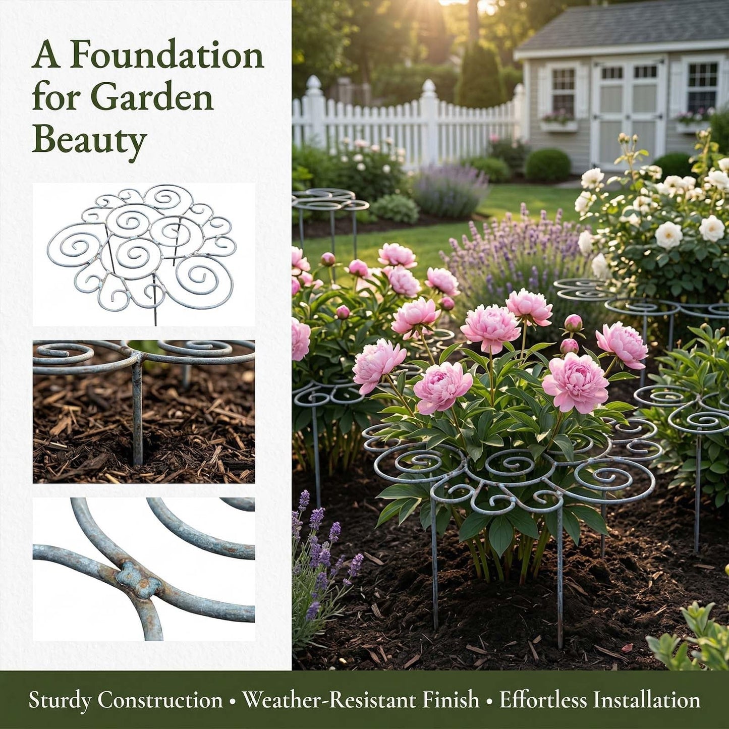 Peony Cages and Supports – Heavy Duty Metal Flower Support Ring, Grow Through Plant Support Stakes for Peonies, Roses, Hydrangeas, Tomatoes, Outdoor Garden Plant Cage, Weather-Resistant