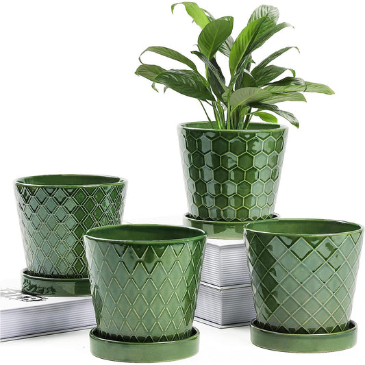BUYMAX Plant Pots Indoor –5 inch Ceramic Flower Pot with Drainage Hole and Ceramic Tray - Gardening Home Desktop Office Windowsill Decoration Gift, Set of 4-Plants NOT Included (Patina)