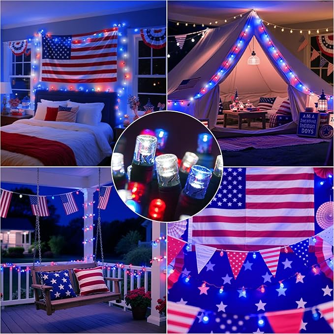 LAMPHOME Red White and Blue Patriotic String Lights, 33ft 100 LED Fairy Lights Plug in, 16 Modes Red White Blue 4th of July Lights Outdoor for Independence Day Memorial Day Patriotic Window Decor