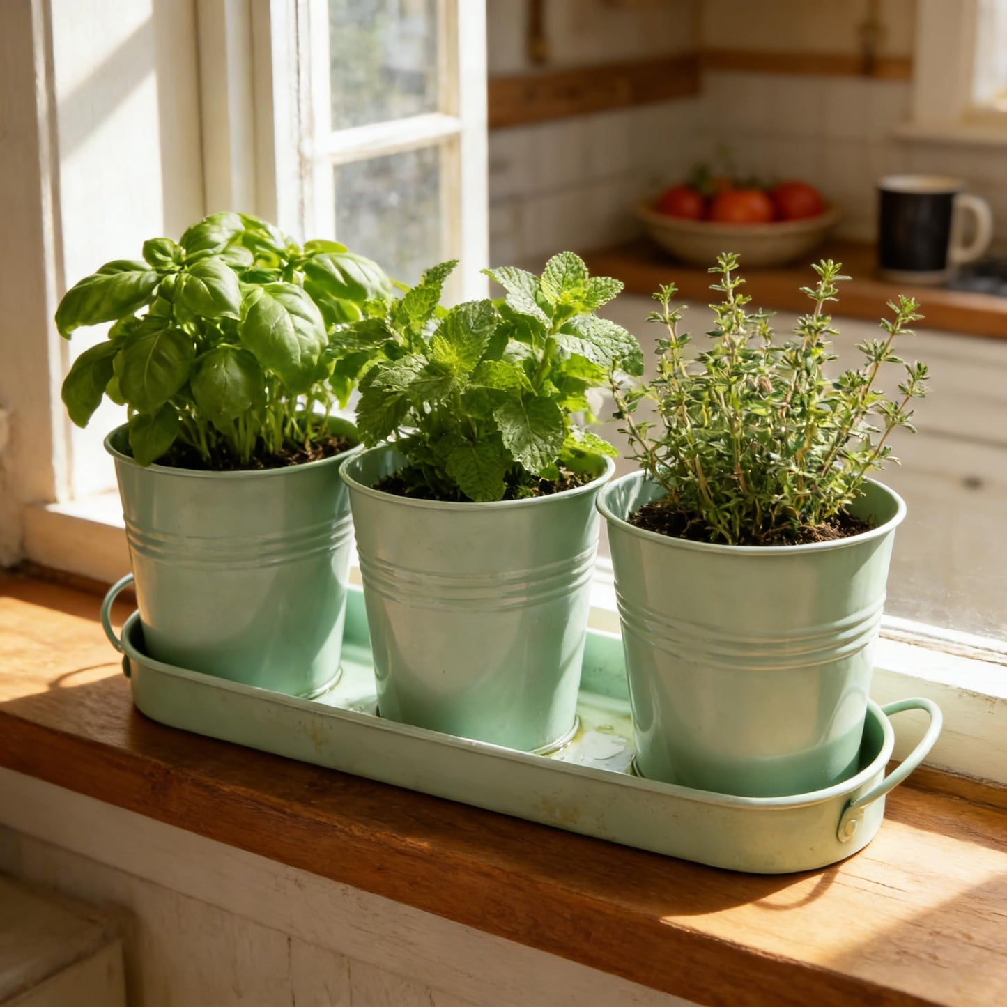 SORANGEUN Metal Herb Garden Planter Set with Tray, 3-Pack Green Zinc-Coated Windowsill Plant Pots with Drainage Holes & Handles for Indoor Outdoor Kitchen Garden