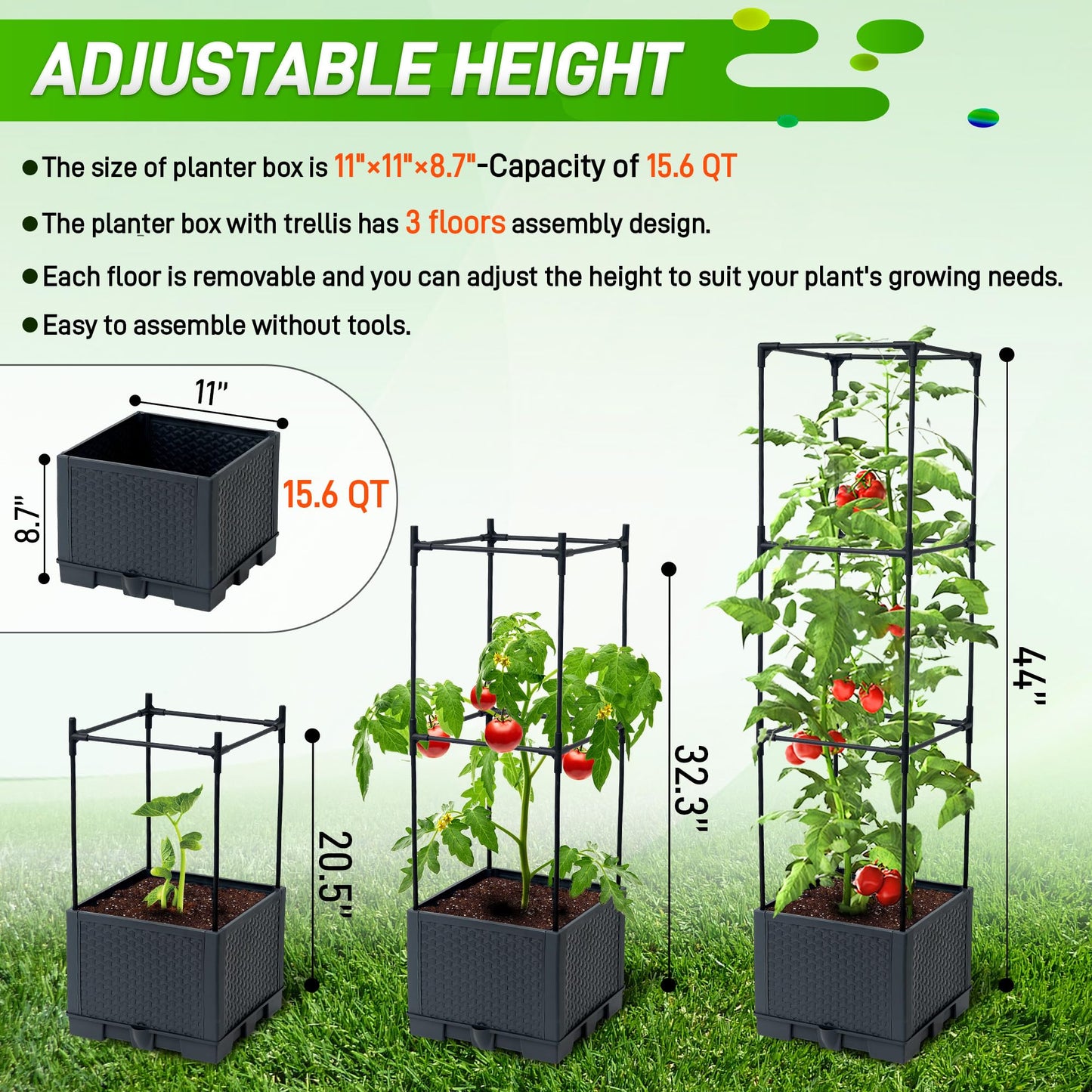 Biotolot Raised Garden Bed Tomato Planter Box with Trellis, 44" Self-Watering Tomato Cage with Square Trellis for Climbing Plants, Flowers, Vegetables, Vine in Patio Garden Indoor Outdoor