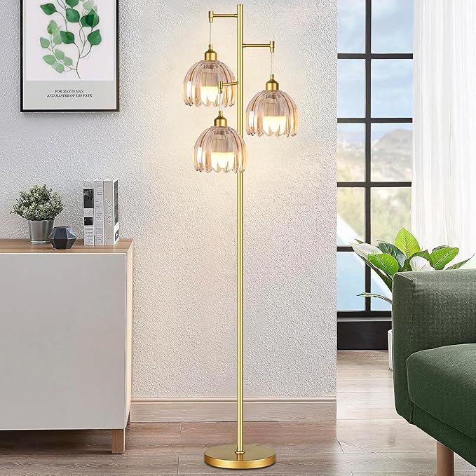 Gold Floor Lamps for Living Room Vintage Floor Lamp with Glass Lmapshape & Three Led Bulb,Glass Floor Lamps Brass Mid Century Modern Standing Lamp Tall Tree Flower Floor Lamp for Bedroom,Office,Corner