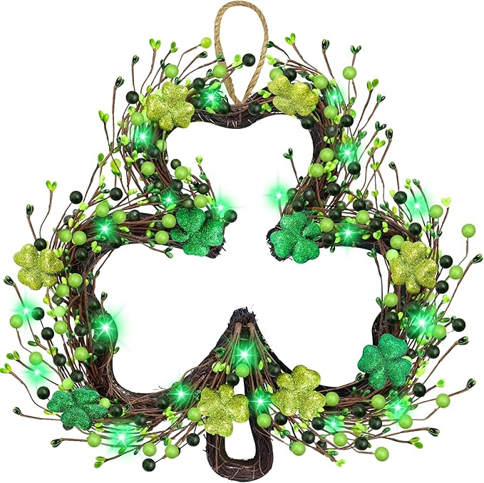 St Patricks Day Decorations, Shamrocks Wreath for Front Door, 20 Green Lights Timer Battery Operated 18 Inch 10 Shamrocks 162 Berries Battery Operated Spring Artificial Wreath St. Patrick's Day Decor