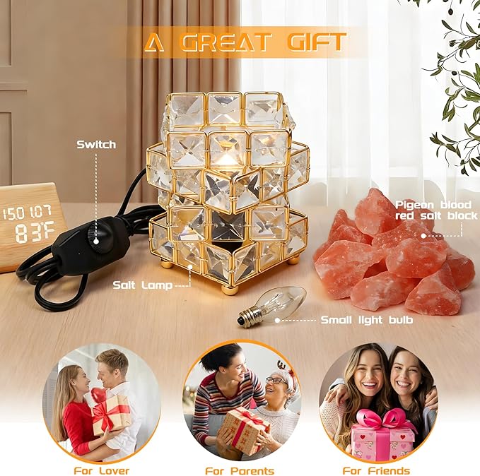Natural Himalayan Pink Salt Lamp, Dimmable Brightness (Single Lighting Mode), USB Powered, Crystal Salt Rock Lamp for Home Decor, Night Light for Bedroom/Office, ETL Certified Cord (Crystal Cube)