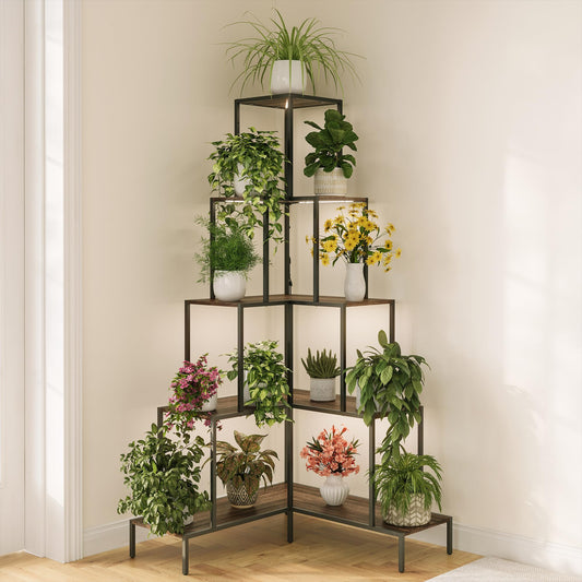 BELLEZE 5-Tier Corner Plant Stand with RGB Light, 66" Tall L-Shaped Plant Shelf with Multiple Lighting Modes and Colors, Storage & Display Rack for Living Room, Courtyard and Home Office - Gray