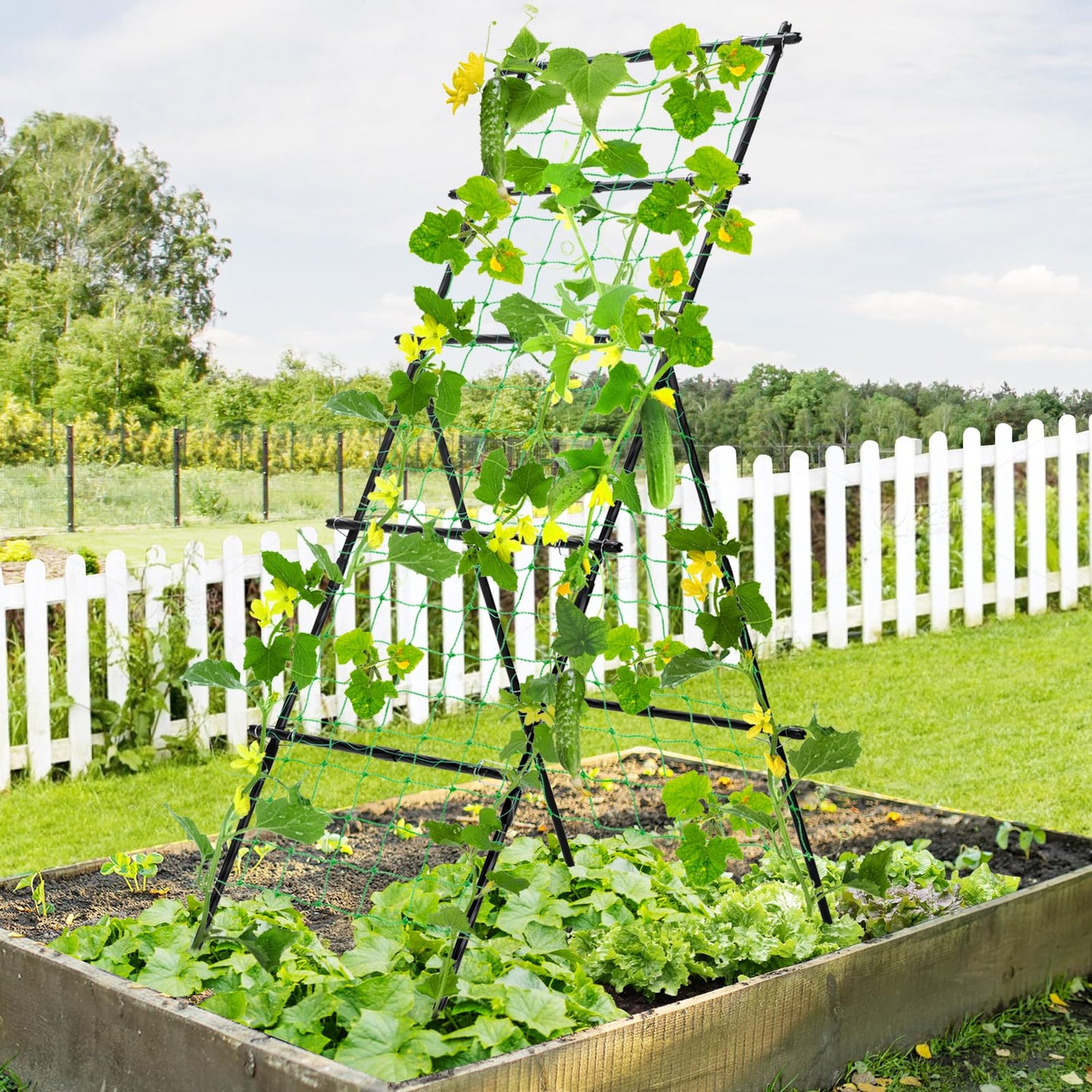 Yotoworth Cucumber Trellis A Frame Garden Trellis, Vertical Plant Support with Netting for Raised Bed Backyard Gardening, PE Coated Steel Climbing Trellis for Cucumbers Tomatoes Beans