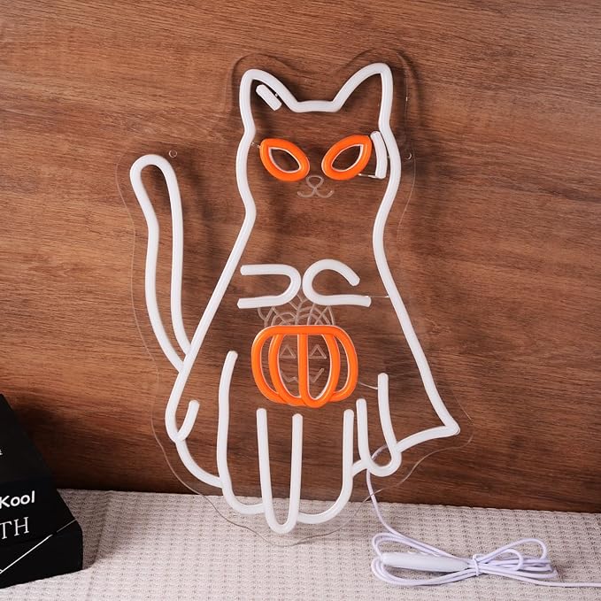 Cat Holding a Jack-o'-lantern Neon Light Sign Halloween Funny White Cat with Pumpkin Light for Trick-or-Treat Party Wall Decor All Saints' Day LED Light up