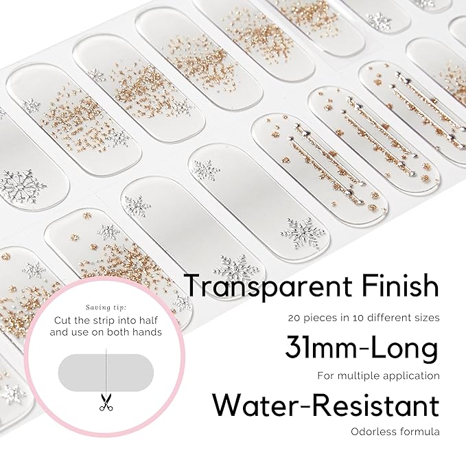 NAILOG Semi Cured Gel Nail Strips (20 Extra Long Nail Polish Strips) │ Long Lasting Gel Nail Stickers, Nail Wraps with Glossy Gel Finishing (Snowflake)