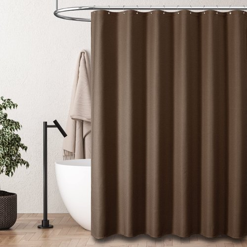 Dynamene Extra Wide Shower Curtain-108 Inch Wide Waffle Weave Weighted Thick Cloth Bathroom Shower Curtain, Neutral Heavy Duty Hotel Bath Curtain Set with 18 Plastic Hooks,108x72, Brown