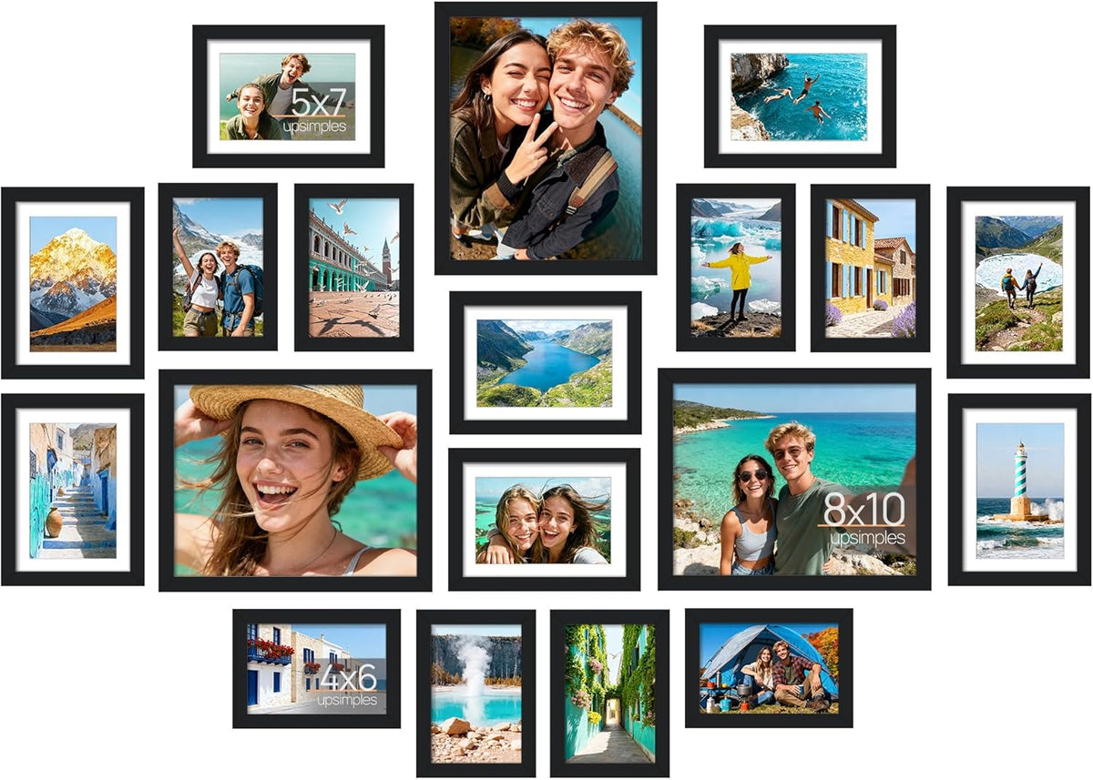 Upsimples 19-Pack Picture Frames Set - Versatile Wall Decor & Tabletop Display | Multi-Size Black Frames (8x10, 5x7, 4x6)