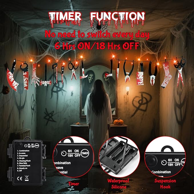 Halloween Party Decorations with 11FT Halloween Lights String and 15 Fake Props, 8 Modes Timer Waterproof Indoor Outdoor Battery Operated, Orange