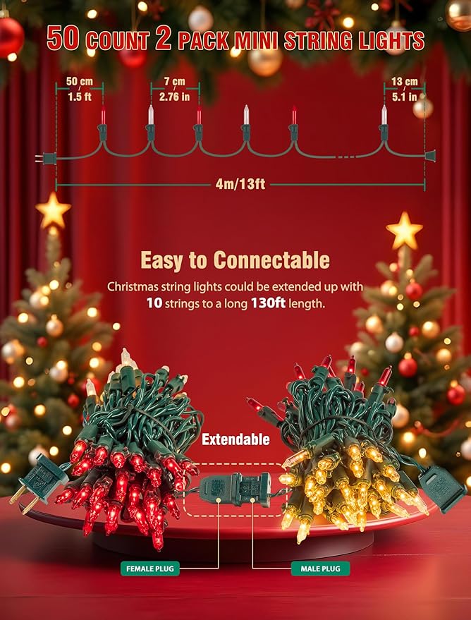 Hopolon Christmas Lights Indoor Outdoor, 2 Pack 13 FT 50 Count Incandescent Mini String Light, Green Wire Christmas Tree Lights Waterproof for Holiday Wedding Valentine's Day Decor, Red and Clear