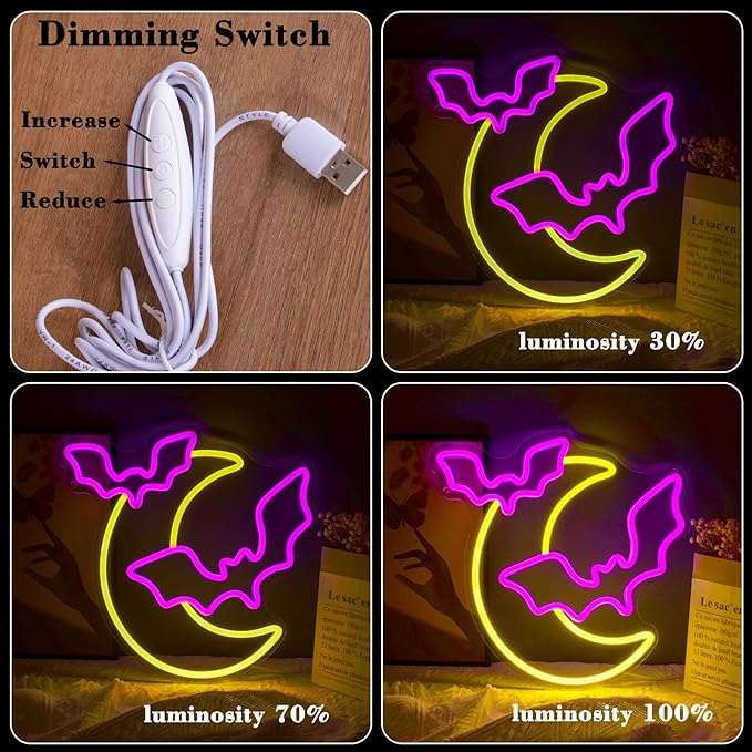 Halloween Decorations Neon Signs, Moon and Bat LED Light,Neon Light up Halloween Party, USB Powerd Gothic Neon Lamp for Festival Wall Decor, Bar, Bedroom,Living room, Wedding,Halloween