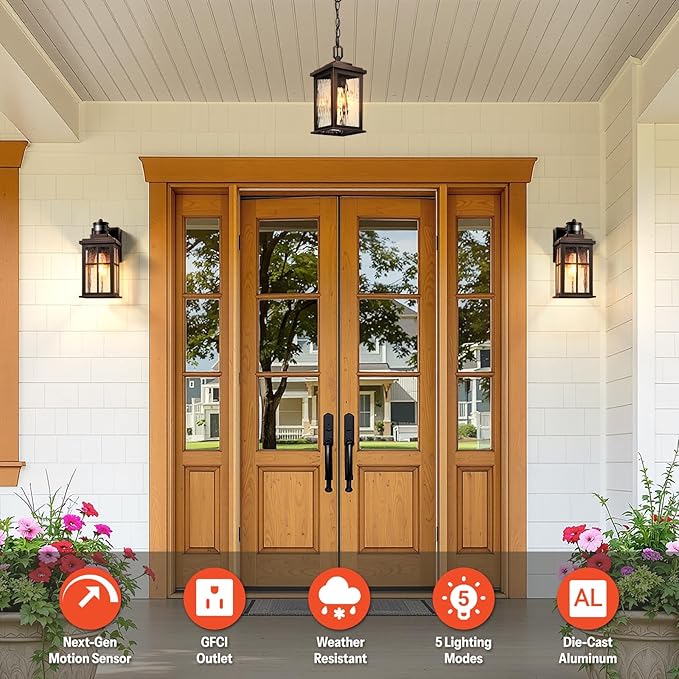 Gleamz Motion Sensor Outdoor Sconce Lights with GFCI Outlet, Farmhouse Oil Rubbed Bronze Gold Trim Dusk to Dawn Exterior Lighting Fixtures Wall Mount for House, Anti-Rust Front Porch Light for Garage