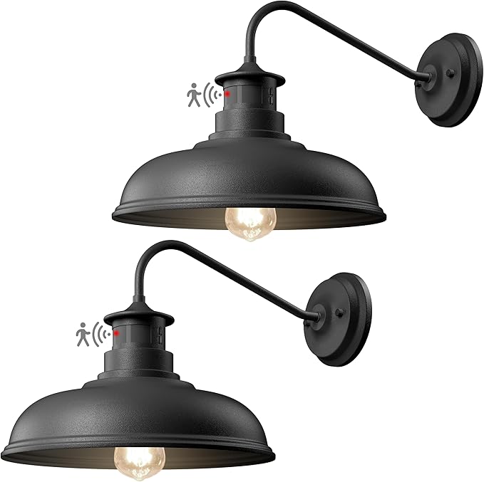 Set of 2 Gooseneck Outdoor Wall Lights Fixtures,Dusk to Dawn Motion Sensor Wall Sconce Farmhouse Barn Lamp for Patio,3 Modes Dimmable Exterior Porch Light Wall Mount Lighting with Rotary Dial Control