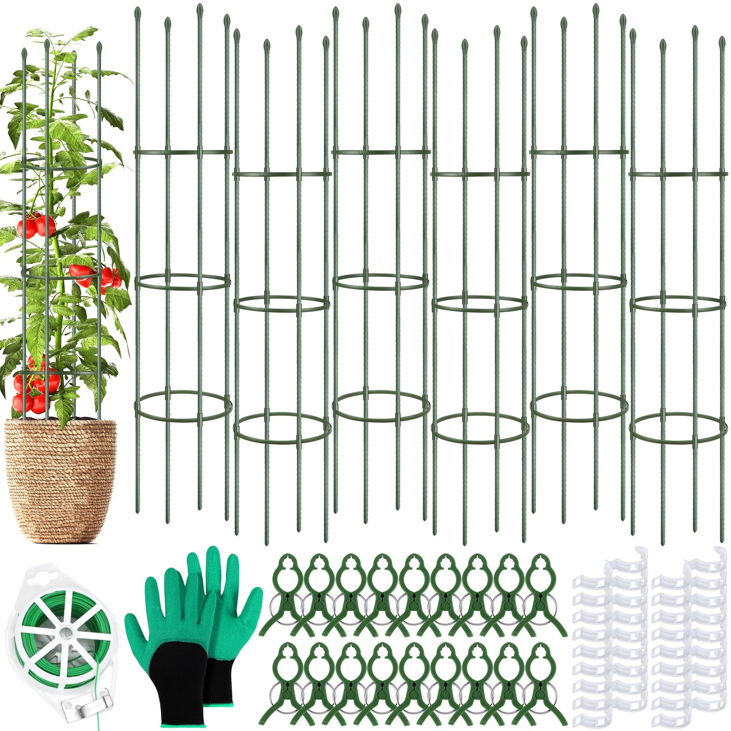 Hahood 6 Pack Tomato Cages for Garden Plant Support 64 Inches Tall Garden Trellis Plant Stakes for Indoor Outdoor Plants Climbing Plants Vegetable Fruit Crop Flower Vine, Green
