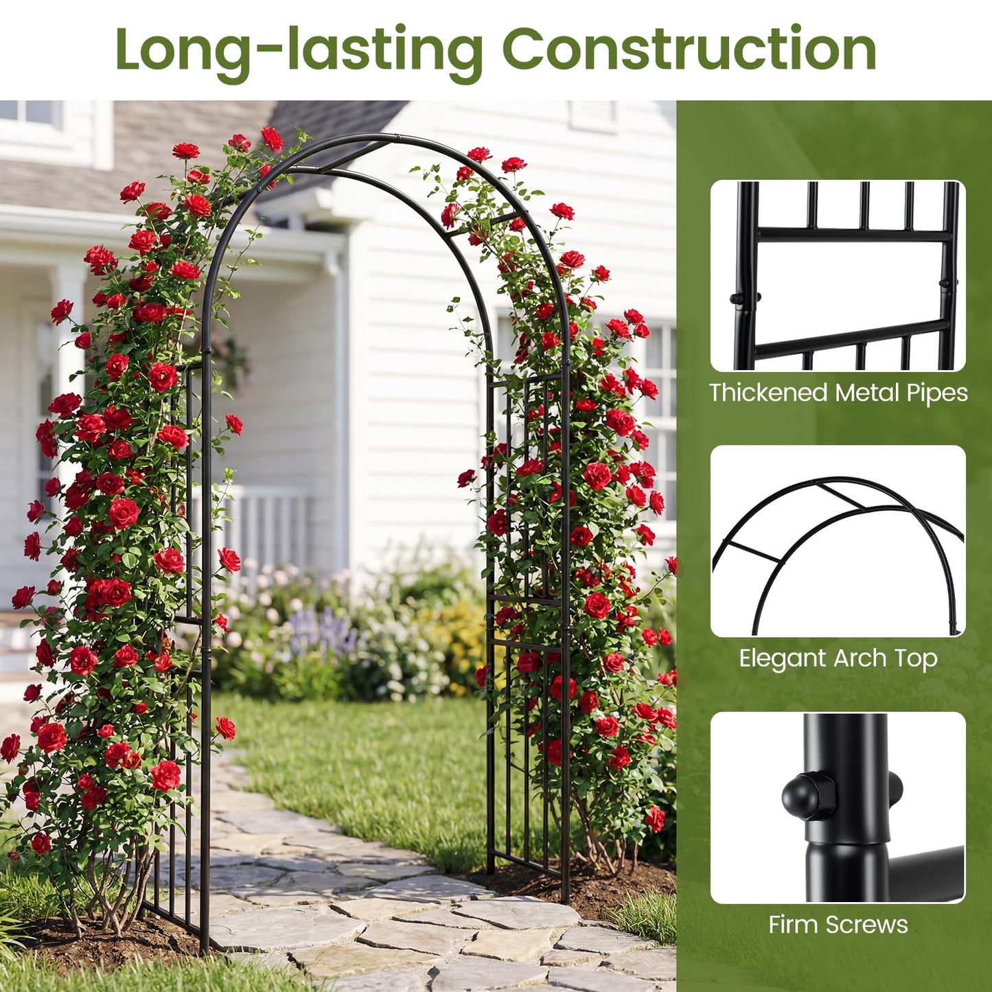 Giantex Garden Arch Outdoor Metal Arbor Trellis, 86'' Heavy Duty Steel Pergola Arch with Ground Stakes for Climbing Plants, Wedding, Party & Backyard Decoration (1 Pack)