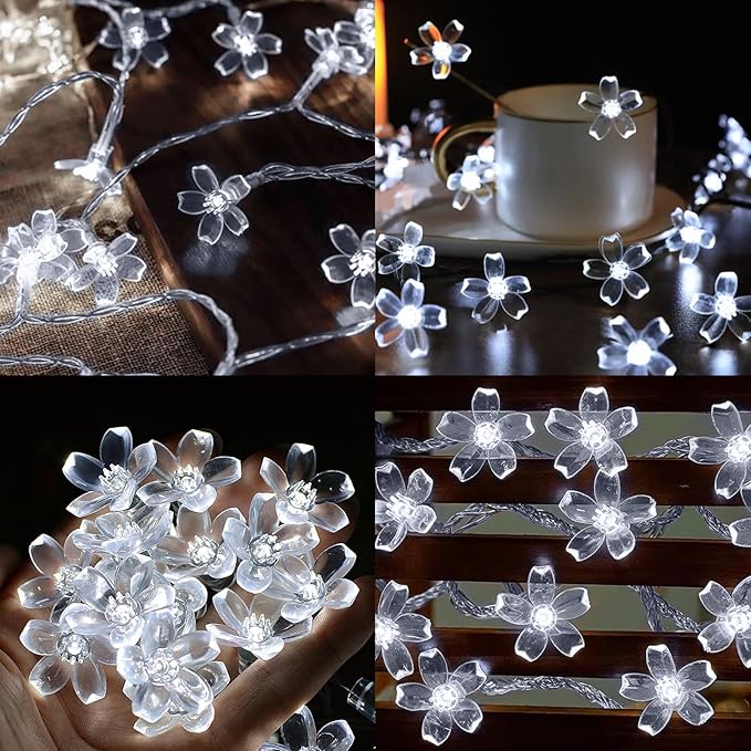 LAMPHOME White Flower String Lights, 33ft 100 LED Cherry Blossom Plug in Easter Christmas Tree Hanging Fairy Lamp, 16funstions Garden Bedroom Indoor Decorations for Fence, Wedding Birthday Party