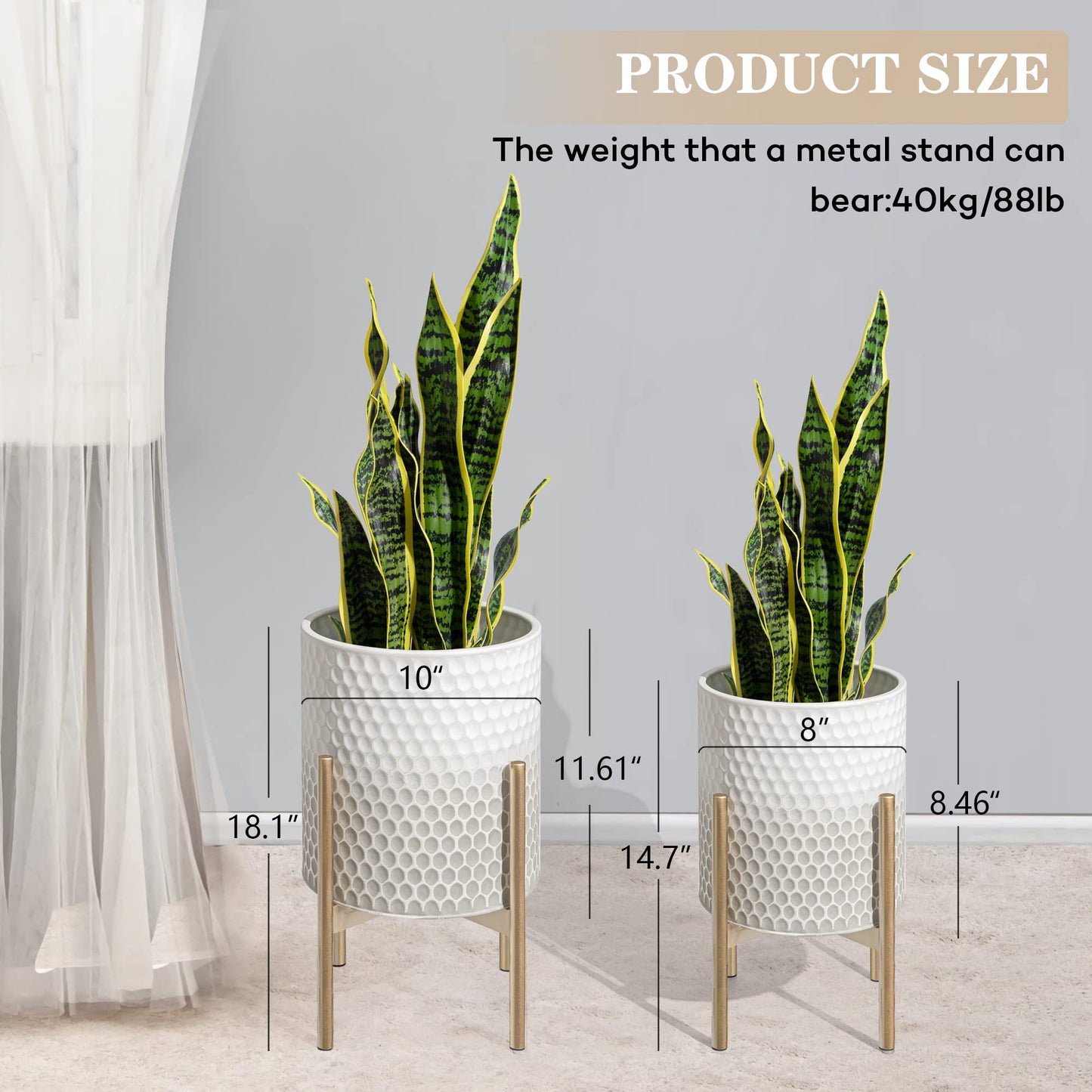 Oakrain Mid Century Planters for Indoor Plants, Set of 2, Modern Decorative Metal Planter Pots for Living Room, Office, Garden or Balcony, Gray and White Gradient Planter with Stand, 8"&10"