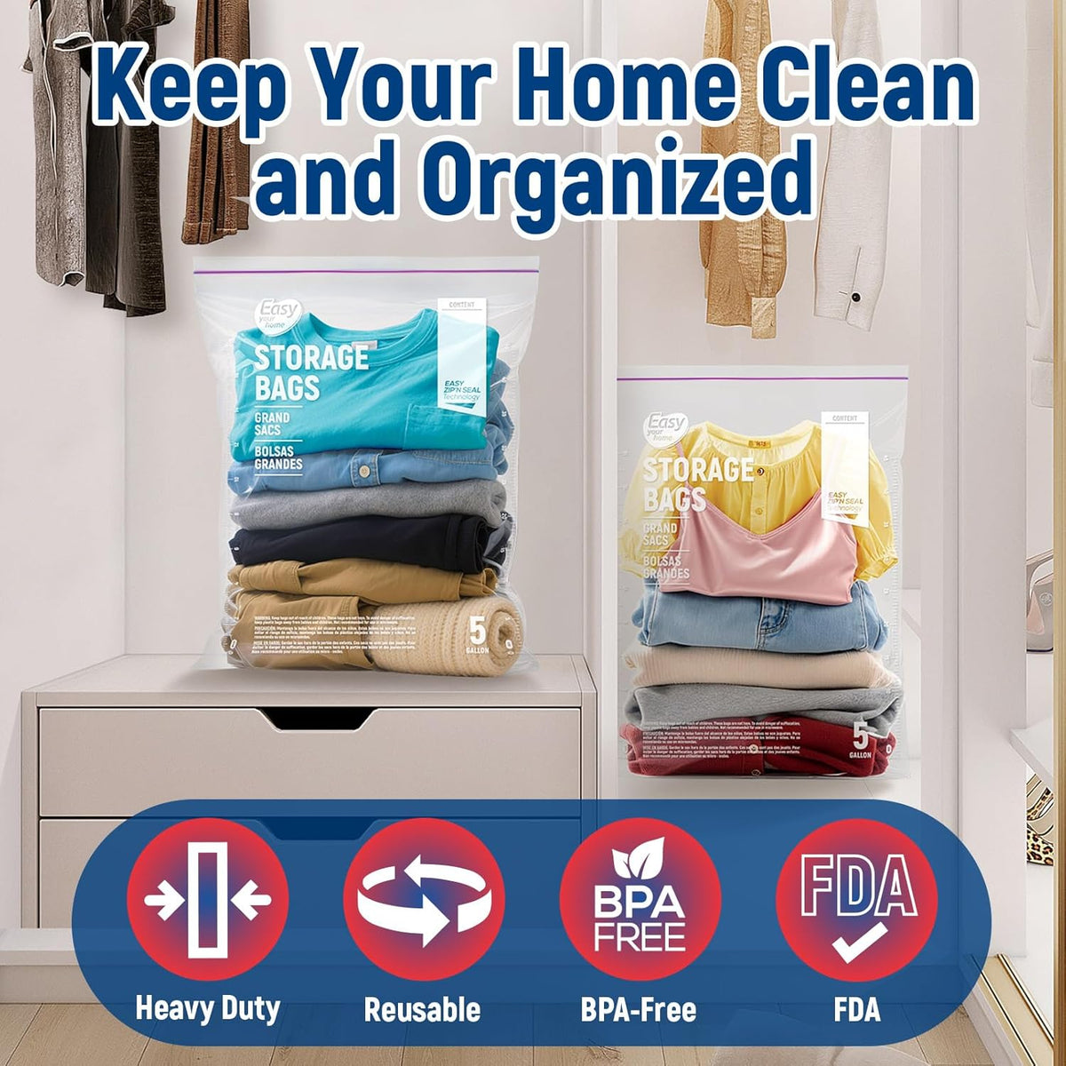 Ziploc 5 Gallon Zipper Lock Storage Bags - Extra Large Reusable Plastic Freezer Bags | BPA-Free, 18"x24"