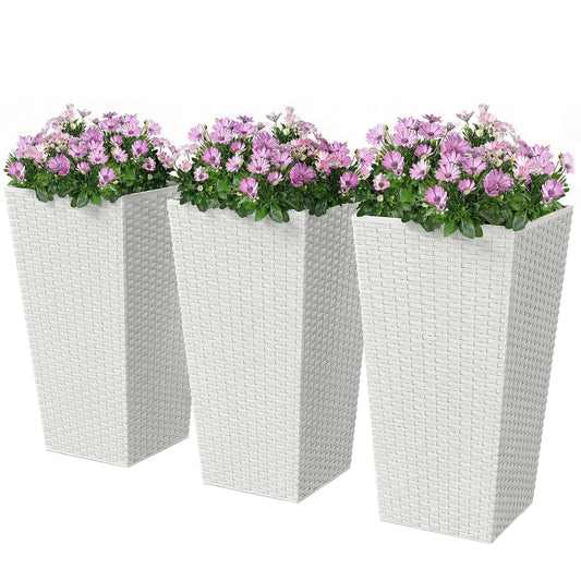 Outsunny Tall Planters for Outdoor Plants Set of 3, 24 in Taper Planters with Drainage Holes, Rattan Decor Plant Pots for Indoor Outdoor Front Porch Patio Backyard, White