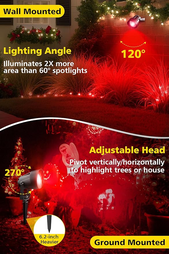 T-SUN Red Spotlight Outdoor, Waterproof LED Landscape Lighting with US Plug, Easy Install 270° Adjustable Outdoor Spot Lights for Garden Tree Yard Decor