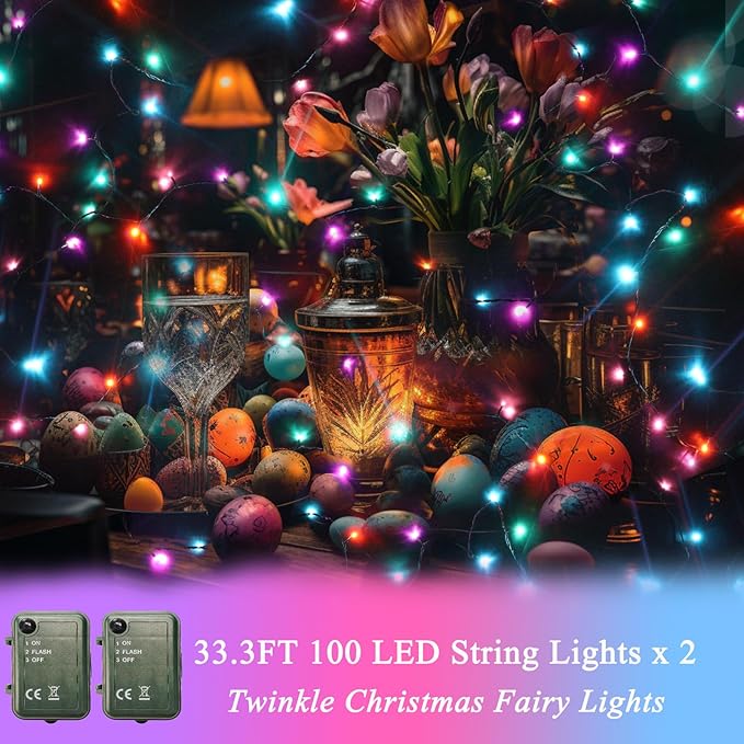 Easter String Lights Battery Powered, 2 Pack Total 66.6 FT 200 LED Colorful Pastel String Lights for Indoor Outdoor Easter Decorations, Twinkle Fairy Light for Home Party Room Party Decor