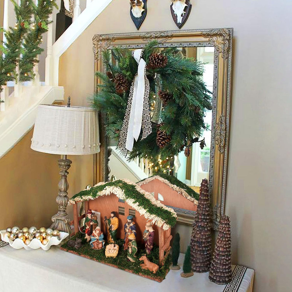 Regine Switzerland Lighted Christmas Nativity Set - Indoor Wooden Stable & Figures for Festive Tabletop Decor