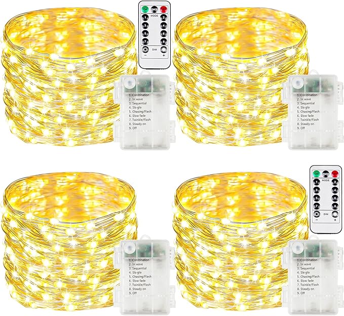 4 Pack Fairy Lights Battery Operated with Remote, 120LED 40FT Twinkle Lights Waterproof Outdoor Indoor Decor, 8 Modes Battery String Light Timer for Christmas Party Wedding Home DIY Décor(Warm White)