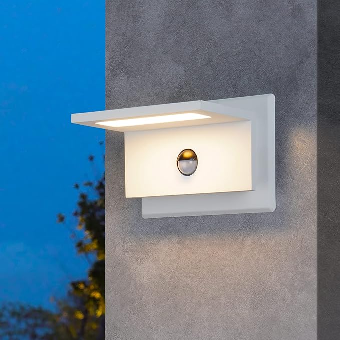 Motion Sensor Outdoor Wall Light White Exterior Light Fixture LED Porch Light Wall Mount Sconce IP54 Waterproof 15in Aluminum Lantern Lamp for House Patio Garage Entryway 10W 680Lm 3000K