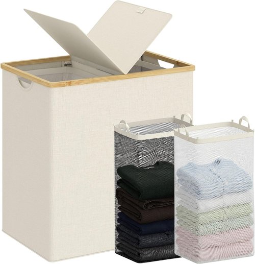Efluky Laundry Hamper - Double Section Basket with Lid & Removable Bags - 140L Beige for Bathroom & Bedroom
