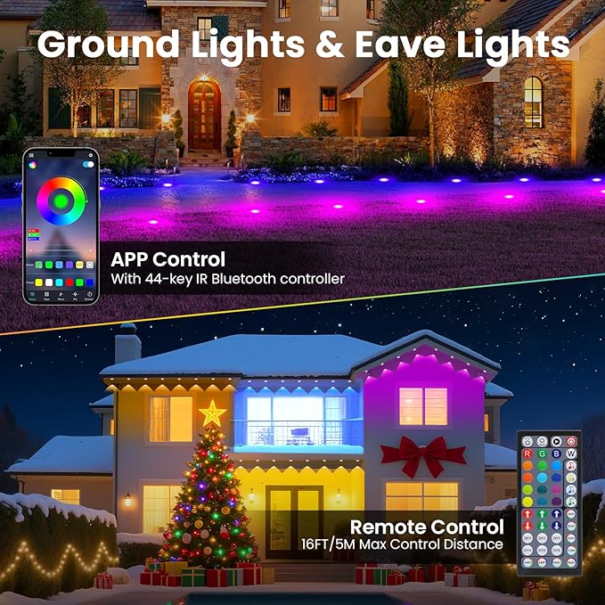 RGB Outdoor Ground Lights 50 FT, Permanent Outdoor Lights for House, Bluetooth Music Sync, IP67 Waterproof, Timer, Remote & App Control for Eaves,Landscape and Pathway Lights.