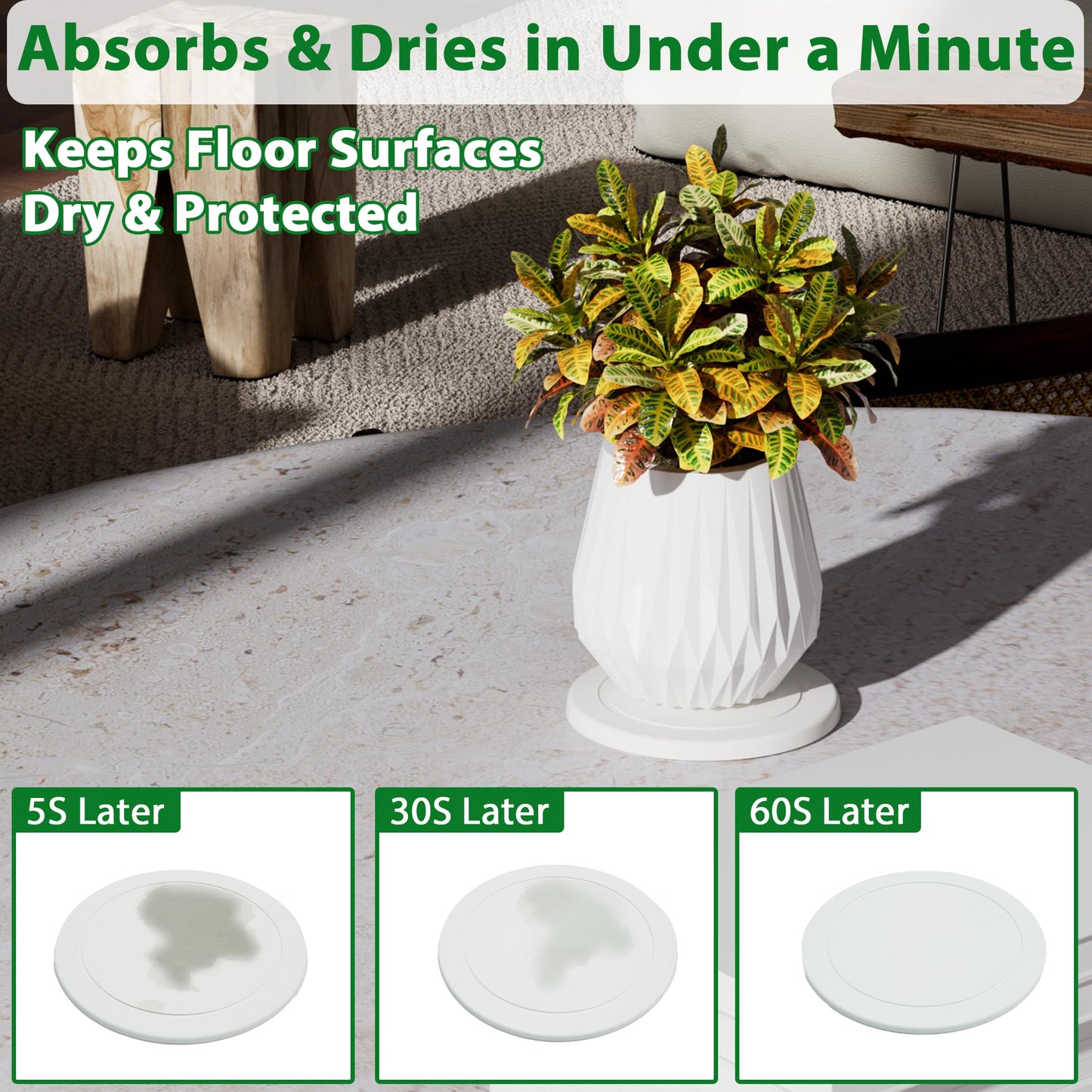 Plant Saucer Flower Pot Saucers Plant Trays for Pots Instant Dry Diatomaceous Earth Round Plant Drip Trays for Indoors Keeping Counter and Floors Dry and Clean (2Pcs White Small)
