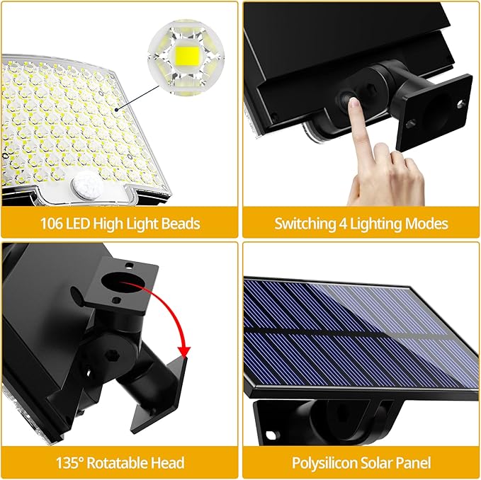 Solar Lights Outdoor, 106 LED 3000LM Solar Powered Motion Sensor Flood Lights with Remote, Dusk to Dawn Led Solar Security Wall Lights with 16.5Ft Cable IP65 Waterproof for Outside, Garage, 1 Pack