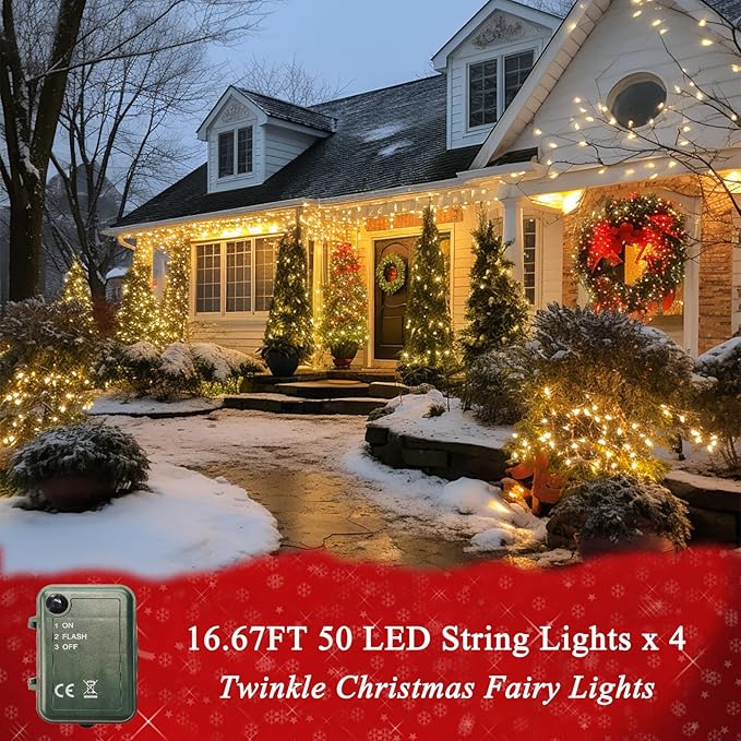 Cool White String Lights Battery Powered, 4 Pack Total 66.6 FT 200 LED Christmas String Lights Indoor Outdoor Decoration, Twinkle Fairy Light for Classroom Dorm Bedroom Xmas Tree Party Decor