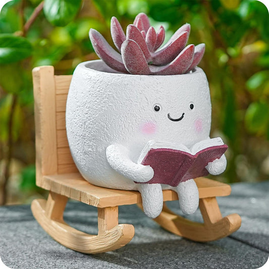 JDIV Rocking Chair Succulent Planter, Small Cute Smily Face Reading Pots, with Drainage Hole, for Indoor & Outdoor Small Plants (TypeB)