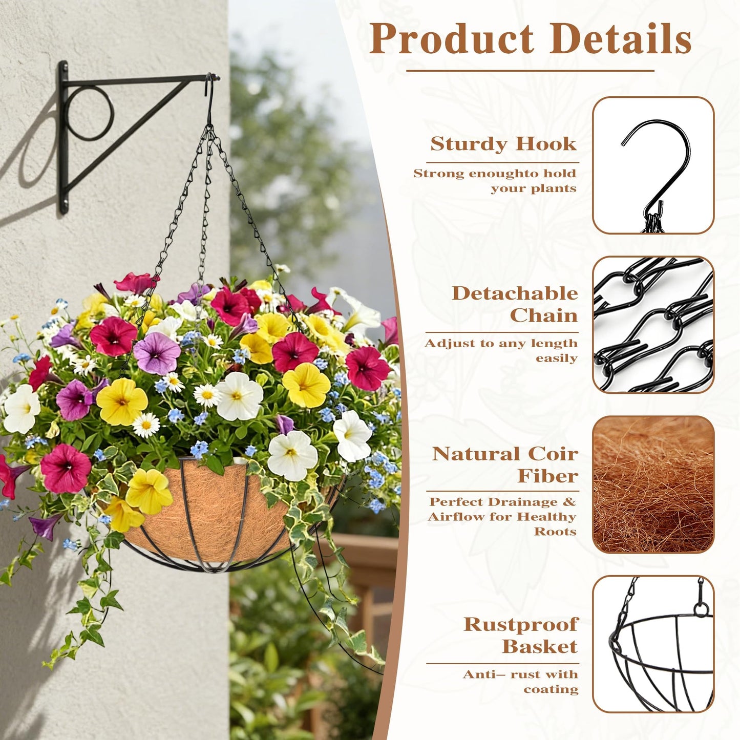 4 Pack Hanging Planter for Outdoor Plants 14 inch Metal Hanging Flower Basket with Coco Coir Liner Round Wire Plant Holder Chain Flower Pots Outdoor Garden Decoration Watering Hanging Baskets(XG)