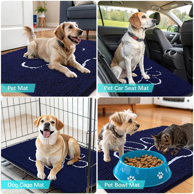 OLANLY Dog Door Mat for Muddy Paws 70x24, Paw Print Design, Absorbs Moisture and Dirt, Absorbent Non-Slip Washable Doormat, Quick Dry Chenille Mud Mat for Dogs, Entry Indoor Entryway Carpet, Navy Blue