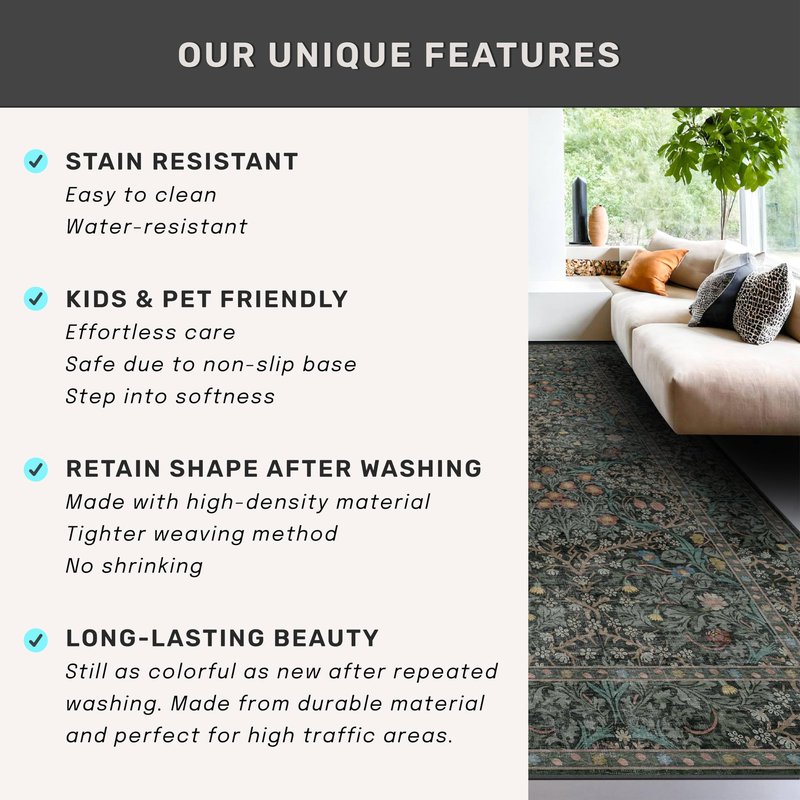 Vintage Floral Dark Green 3x5 Area Rugs for Entryway, Kitchen, Bedroom Beside Rug, Laundry Room, Non-Slip Low Pile Ultra Soft Stain Resistant Small Carpet