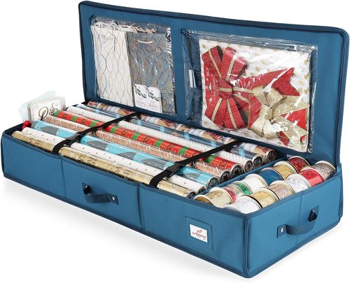 Hearth & Harbor Wrapping Paper Storage Container - Tear-Proof Gift Wrap Organizer for 22 Rolls - Blue