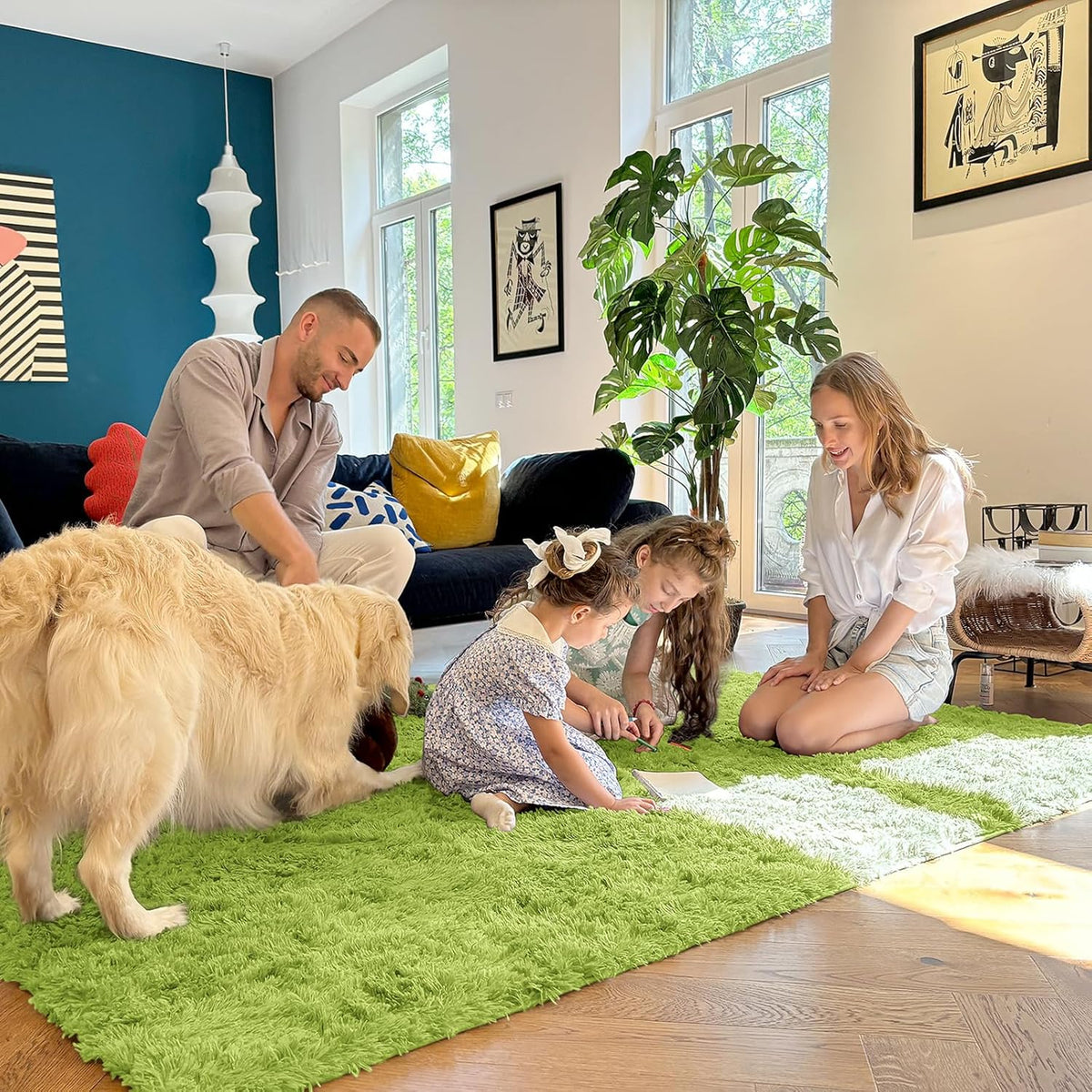 OLANLY Area Rug - Soft Fluffy Shaggy Design | Machine Washable 4x5.9 ft - Grass Green for Living Room & Bedroom