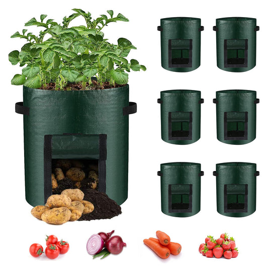 LITLANDSTAR 6 Pack Potato Grow Bags, 15 Gallon Grow Bags Garden Planting Bags with Flap Windows and Handles, Vegetable Grow Bags for Potato, Onion, Tomato, Carrot (Dark Green)